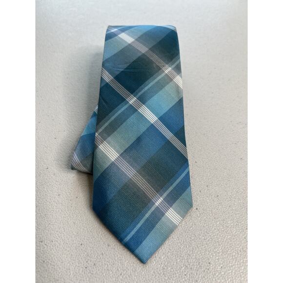 Calvin Klein Light Blue Plaid 100% Silk Designer Skinny Tie - Picture 1 of 7